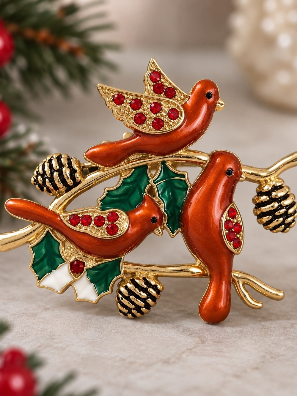 Holiday Red Bird Pin with Green Holly and Gold Accents